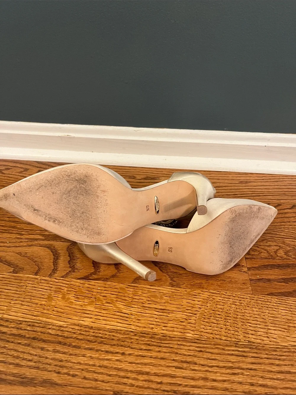 Badgley Mischka Champagne Satin Pointed-Toe Crystal Ankle-Strap Heels